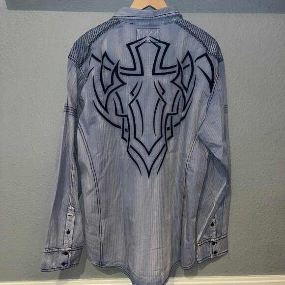 BUCKLE BLACK New w/ Tag Western Cross Distressed Chambray Shirt 2XL Athletic Fit - Picture 1 of 13